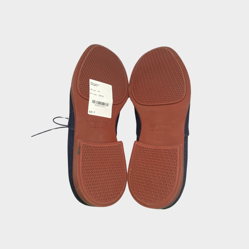 Hermes men's denim loafers with burgundy sole