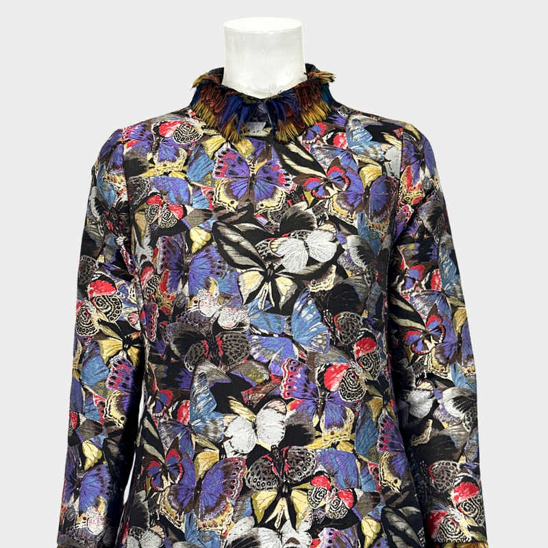 VALENTINO multicoloured butterflies print brocade mini dress with feather details