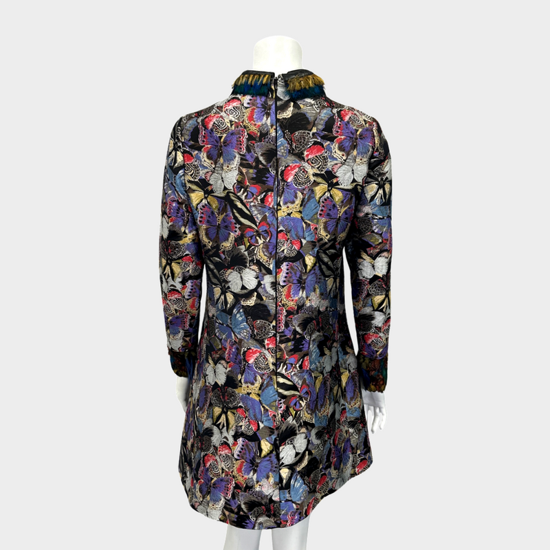 VALENTINO multicoloured butterflies print brocade mini dress with feather details