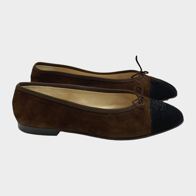 Chanel brown suede CC bow ballet flats