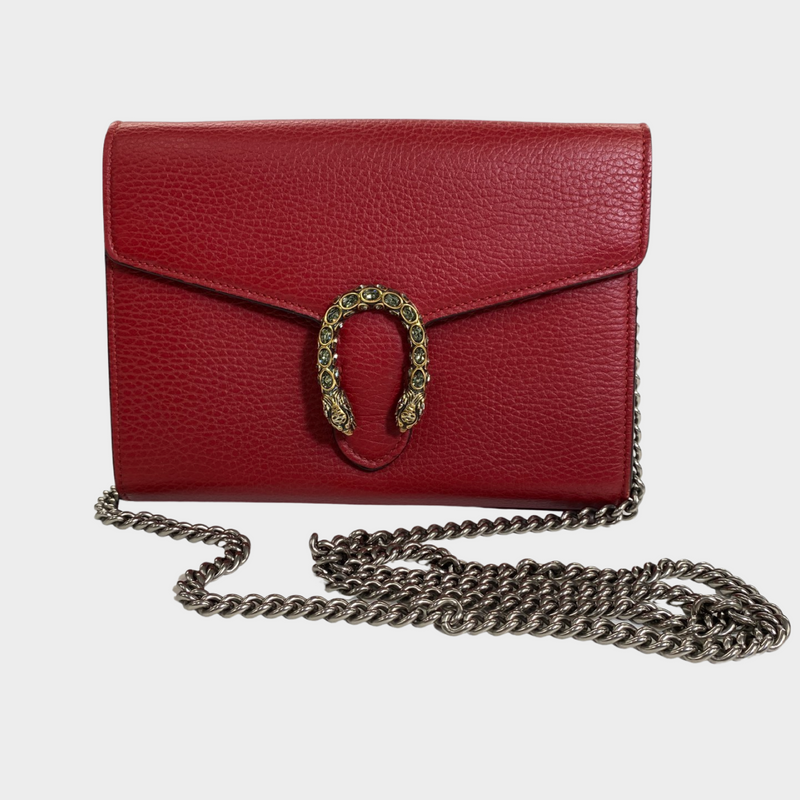 Gucci women's red leather Dionysus bag on a chain with dragon and crystal details