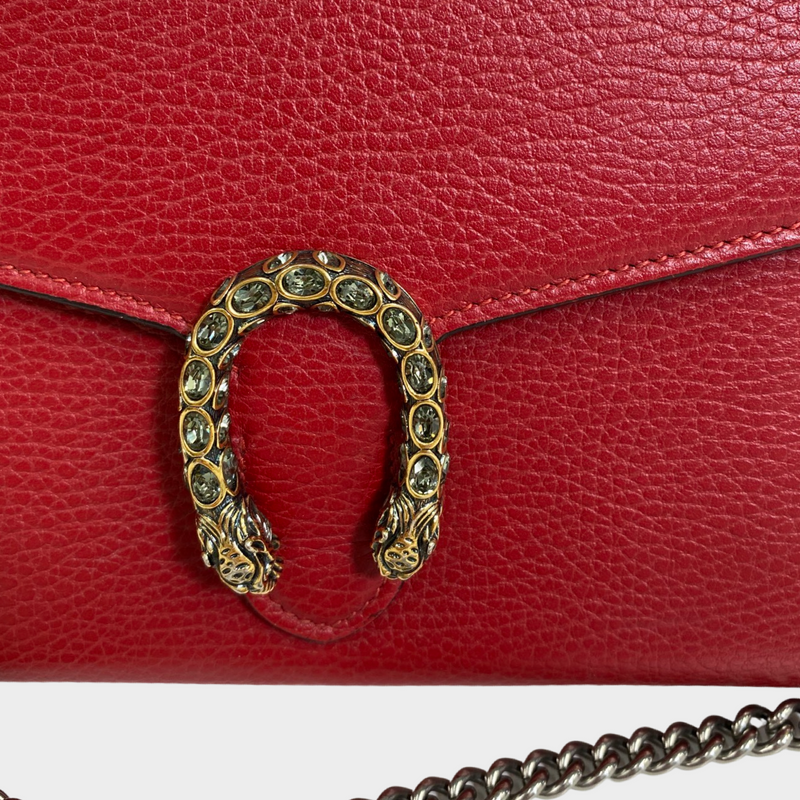 Gucci women's red leather Dionysus bag on a chain with dragon and crystal details