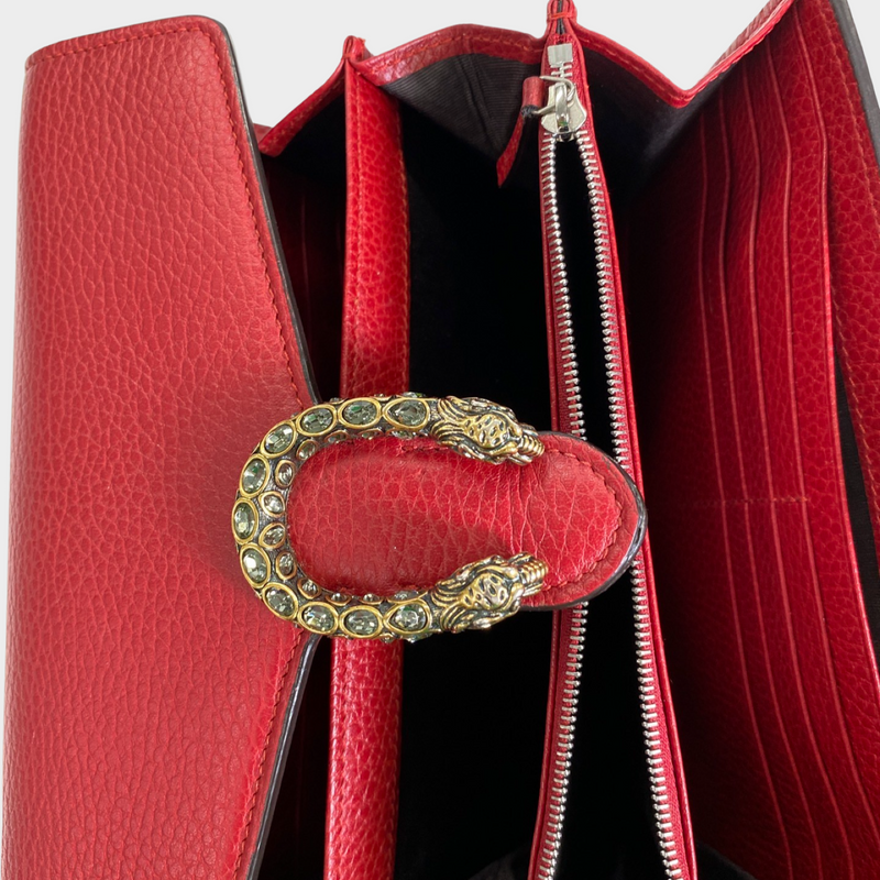 Gucci women's red leather Dionysus bag on a chain with dragon and crystal details