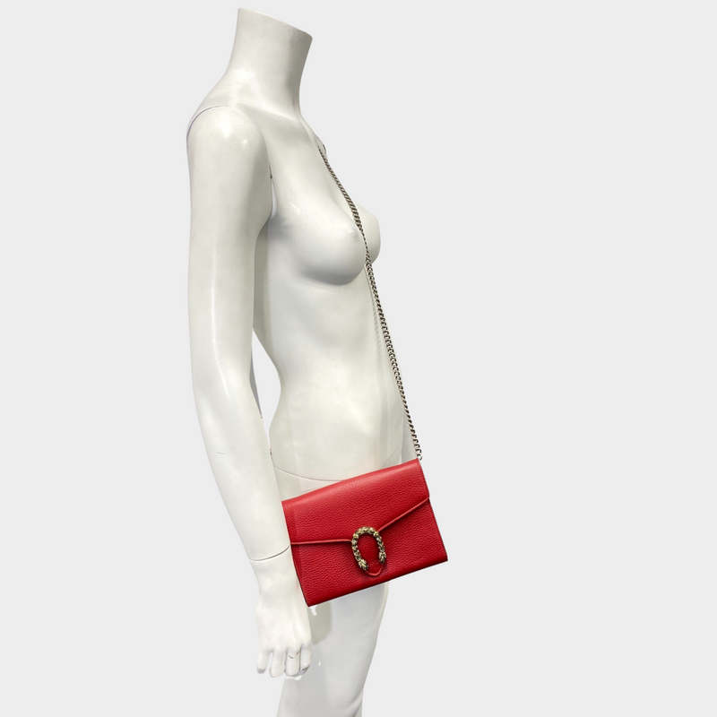 Gucci women's red leather Dionysus bag on a chain with dragon and crystal details