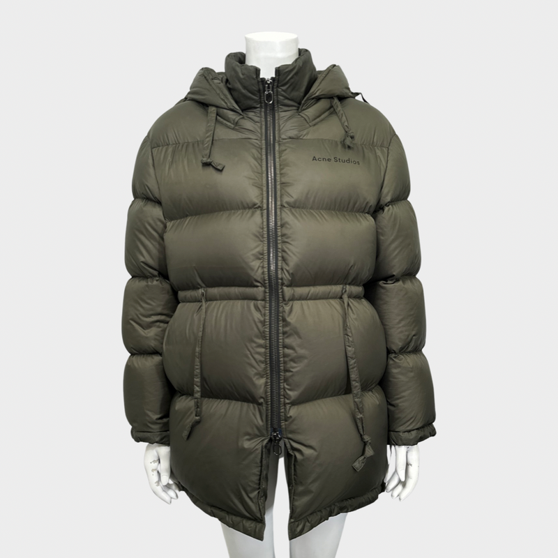 Acne Studios women's khaki oversized puffer jacket with hood