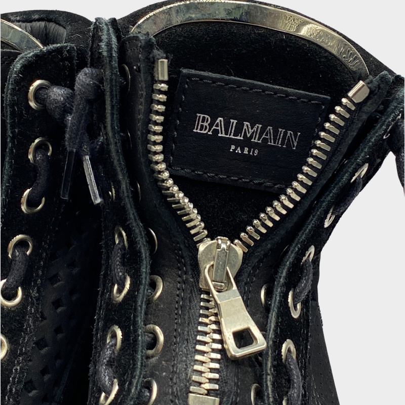 Balmain women's black suede leather boots with silver accents
