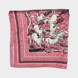 Hermes women's pink polka dot print horse theme silk square scarf