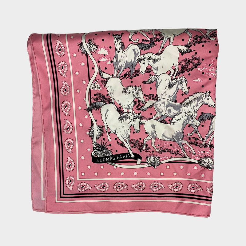 Hermes women's pink polka dot print horse theme silk square scarf