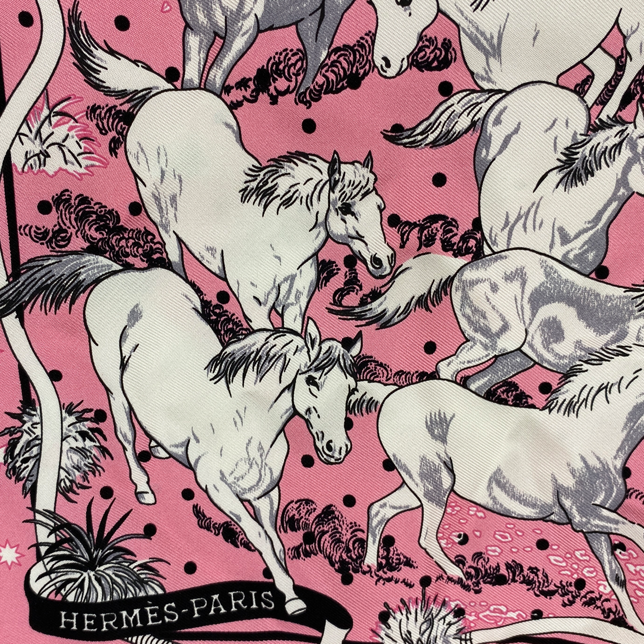 Hermes women's pink polka dot print horse theme silk square