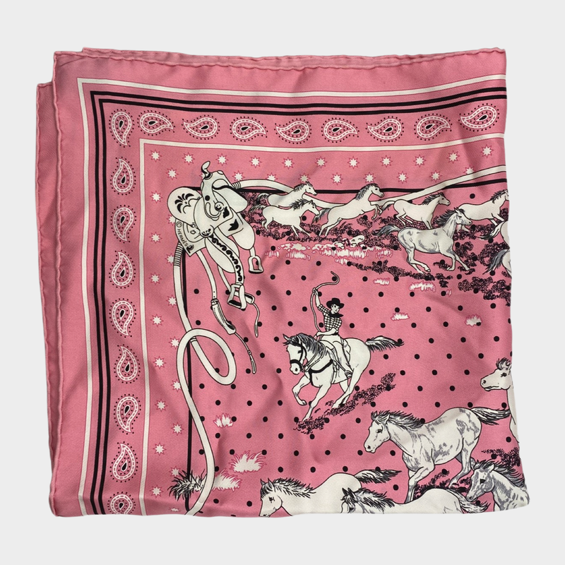 Hermes women's pink polka dot print horse theme silk square scarf