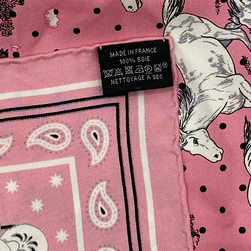 Hermes women's pink polka dot print horse theme silk square scarf