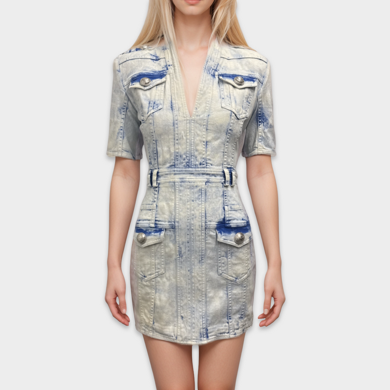 Balmain Washed Blue Denim Mini Dress