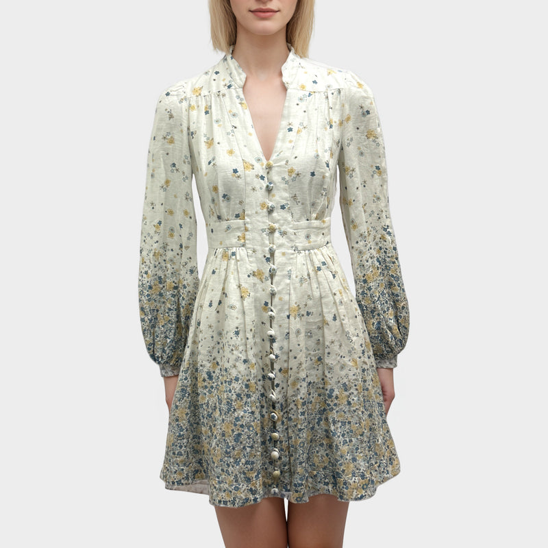 Zimmermann White Linen Button-Down Dress With Yellow And Blue Floral Pattern