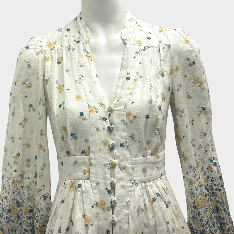 Zimmermann White Linen Button-Down Dress With Yellow And Blue Floral Pattern