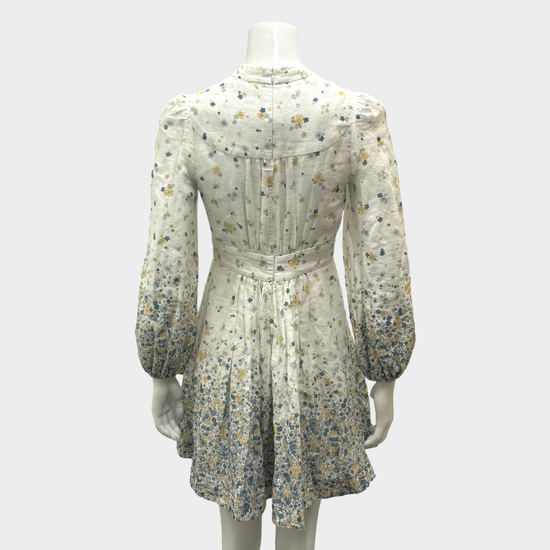 Zimmermann White Linen Button-Down Dress With Yellow And Blue Floral Pattern