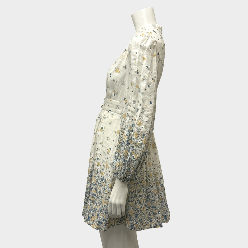 Zimmermann White Linen Button-Down Dress With Yellow And Blue Floral Pattern
