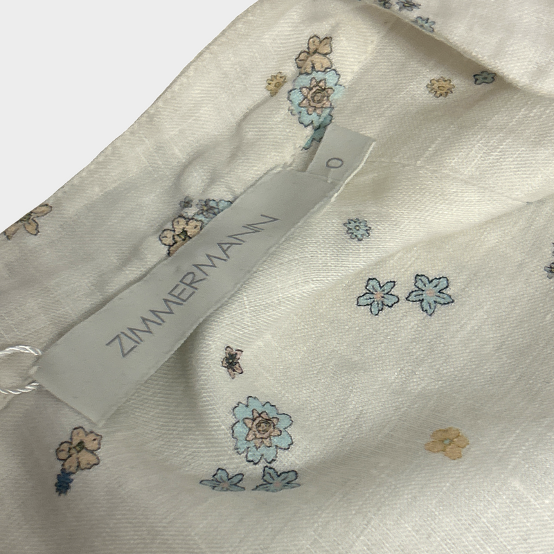 Zimmermann White Linen Button-Down Dress With Yellow And Blue Floral Pattern
