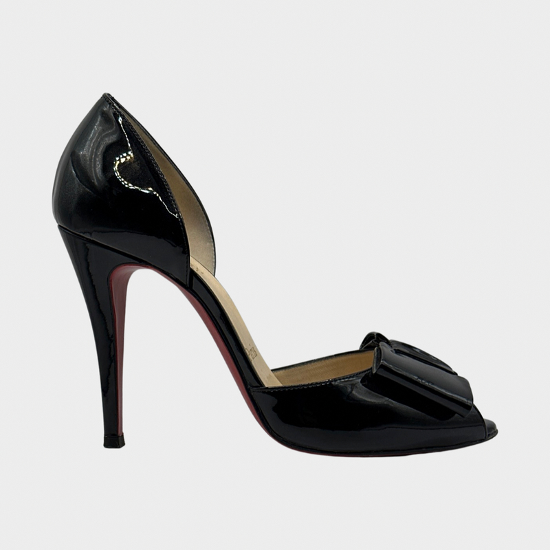 Christian Louboutin black patent leather heels with bow details at the toes