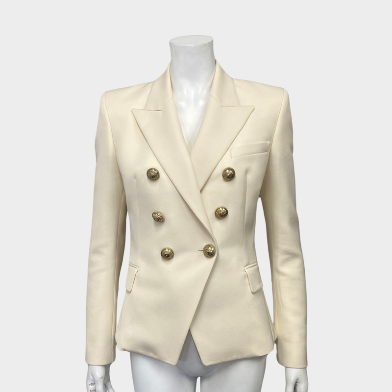 Balmain women's ecru double breasted jacket with gold buttons