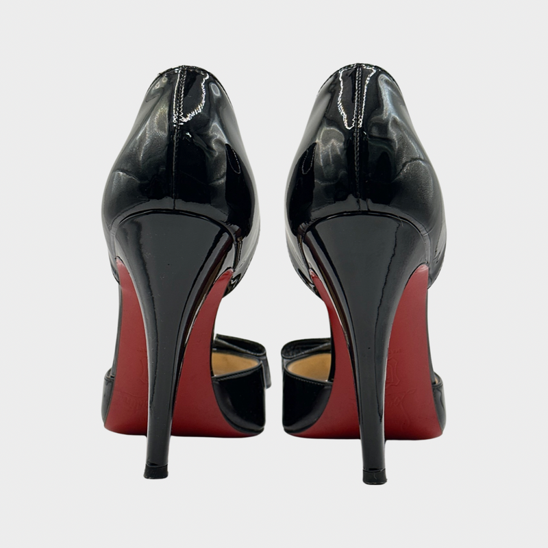 Christian Louboutin black patent leather heels with bow details at the toes