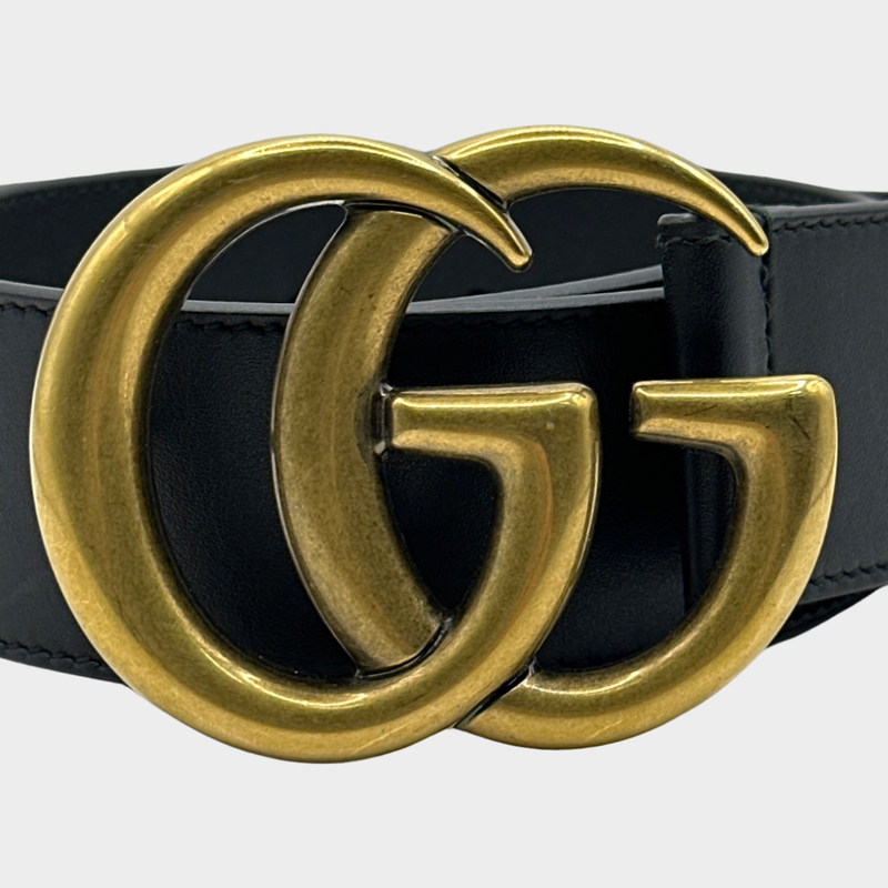 Gucci women's black leather belt with gold buckle