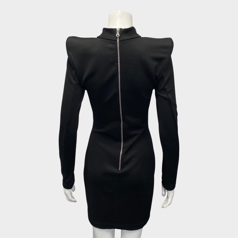 Balmain black padded-shoulder dress with mesh chest
