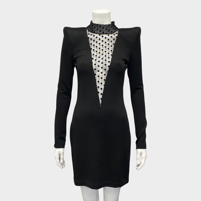Balmain black padded-shoulder dress with mesh chest