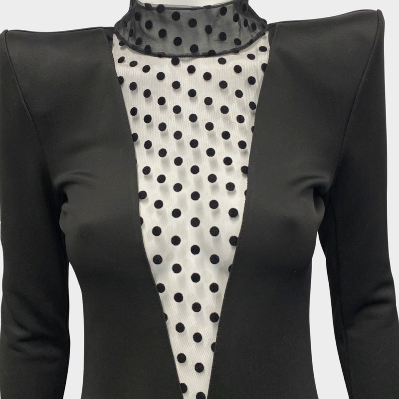 Balmain black padded-shoulder dress with mesh chest