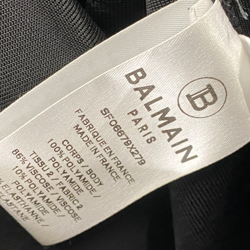 Balmain black padded-shoulder dress with mesh chest