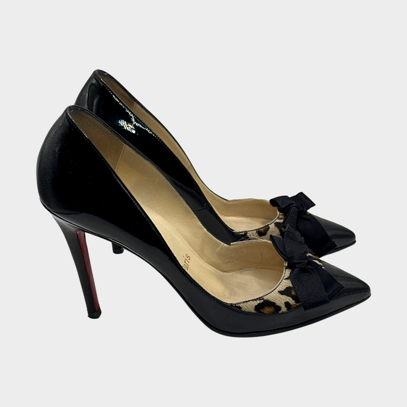 Christian Louboutin black patent leather heels with leopard print details