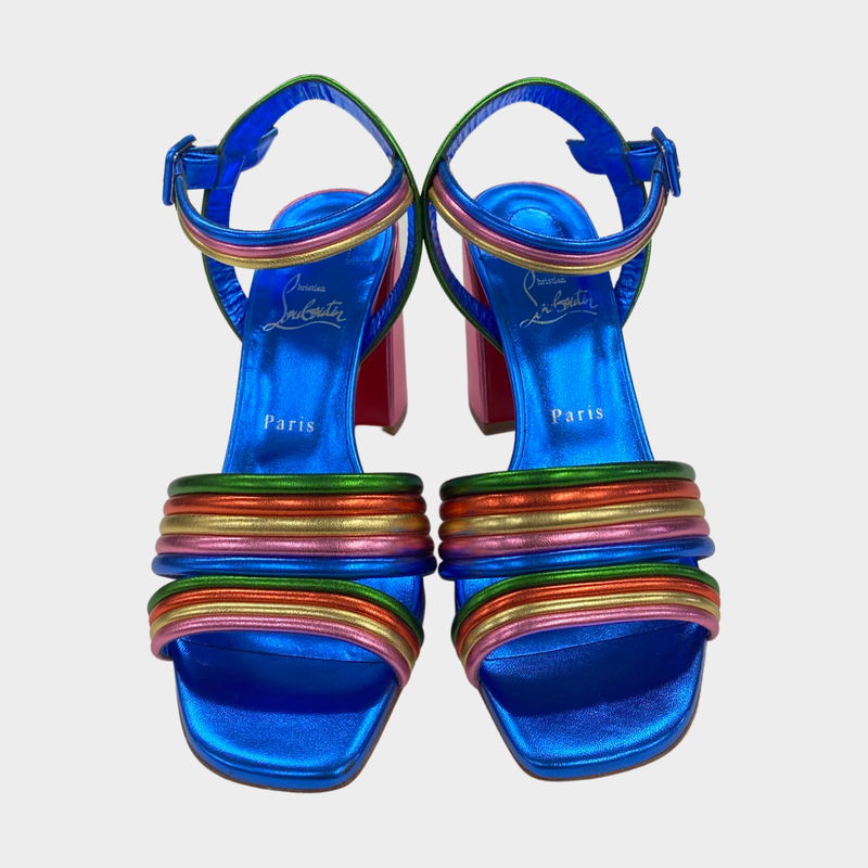 Christian Louboutin women's metallic multicolour leather sandals with block heels