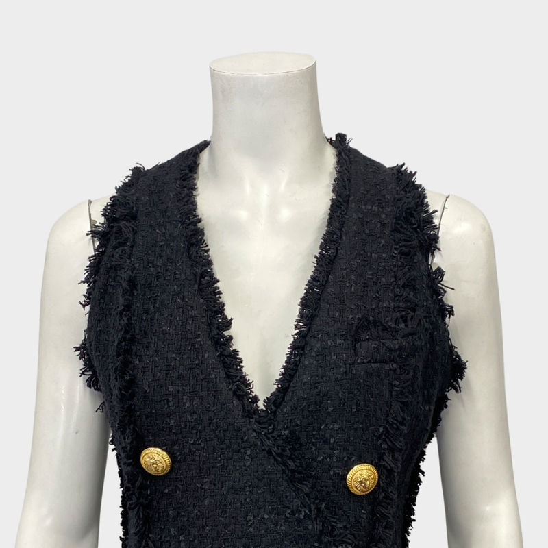 Balmain black tweed gold buttons sleeveless dress