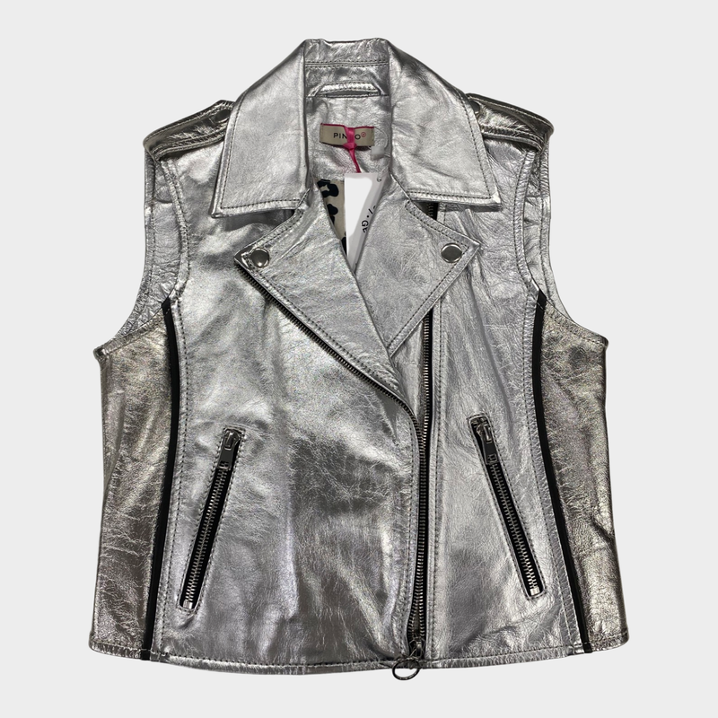 Pinko girl's metallic silver leather biker vest