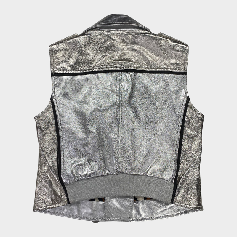 Pinko girl's metallic silver leather biker vest