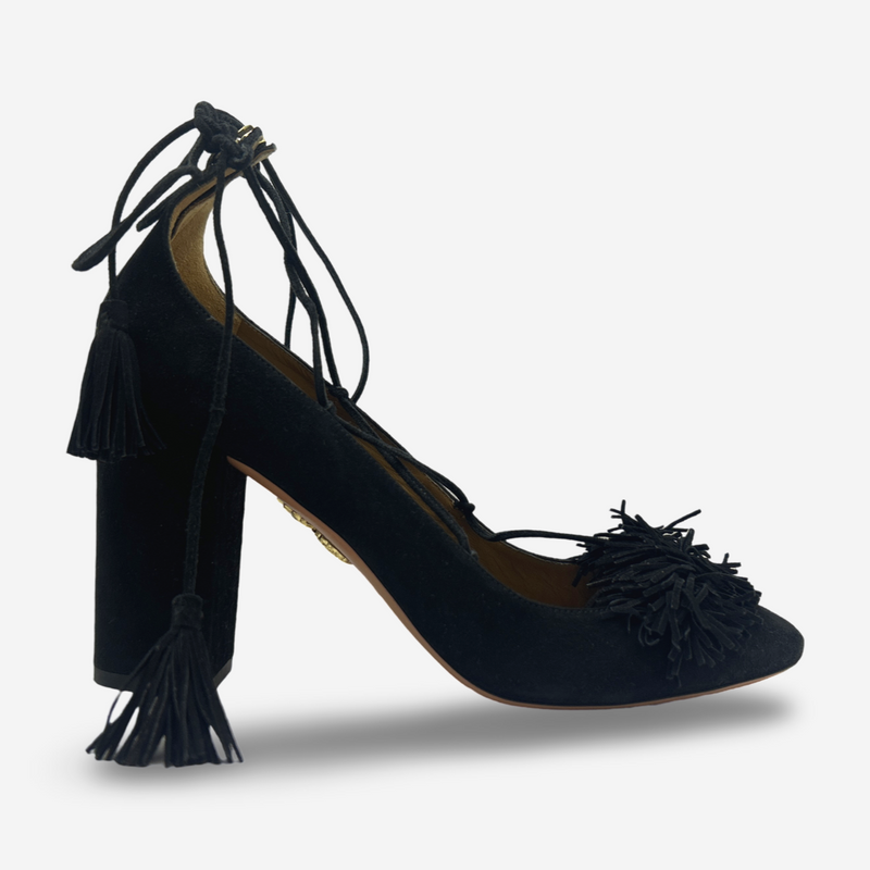 Aquazzura Black Suede Block Heels With Fringe Detail