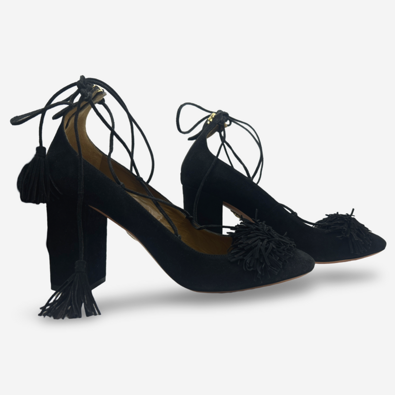 Aquazzura Black Suede Block Heels With Fringe Detail