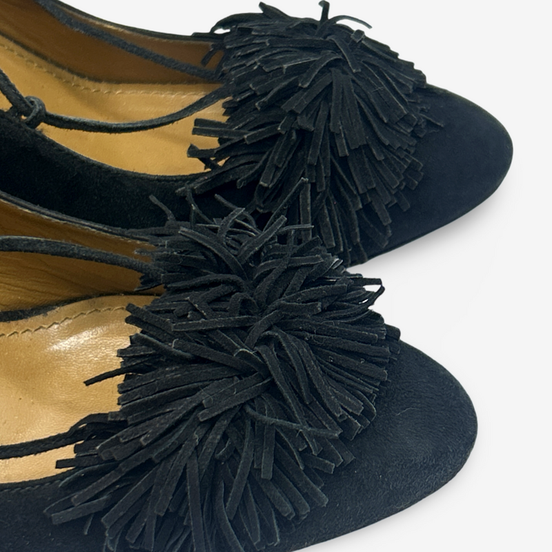 Aquazzura Black Suede Block Heels With Fringe Detail
