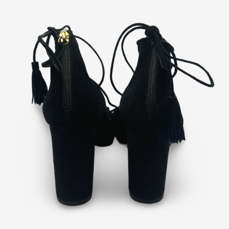 Aquazzura Black Suede Block Heels With Fringe Detail