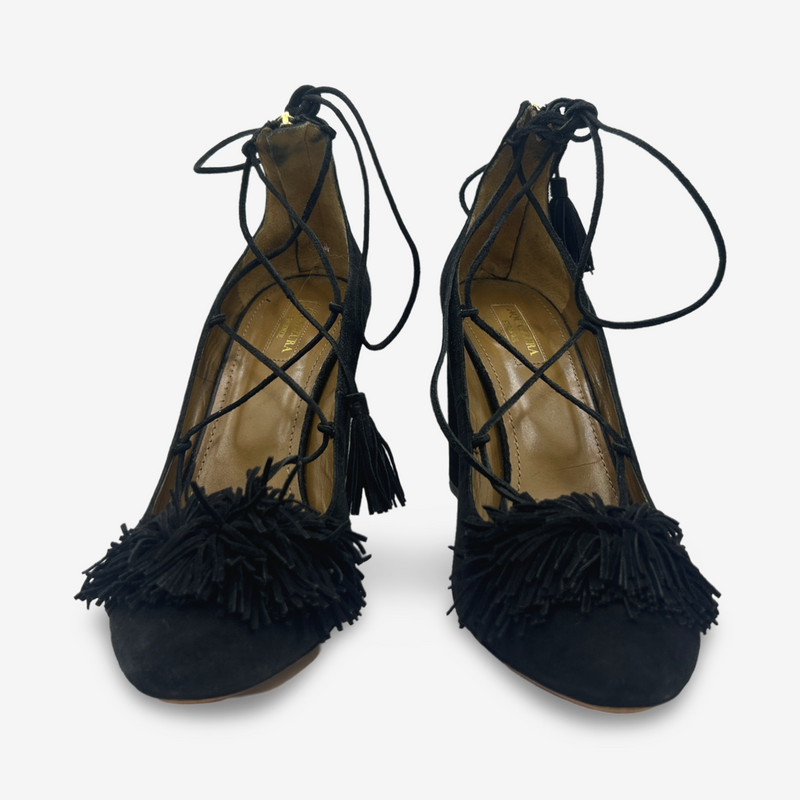 Aquazzura Black Suede Block Heels With Fringe Detail
