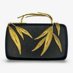 Elie Saab Black Structured Clutch With Gold Leaf Motif