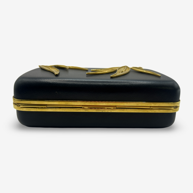 Elie Saab Black Structured Clutch With Gold Leaf Motif