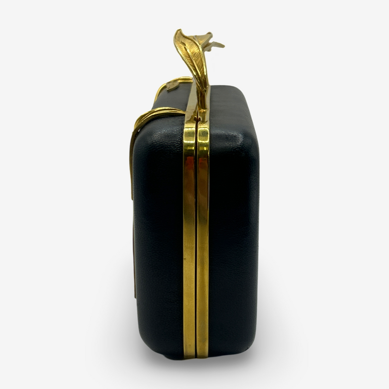 Elie Saab Black Structured Clutch With Gold Leaf Motif