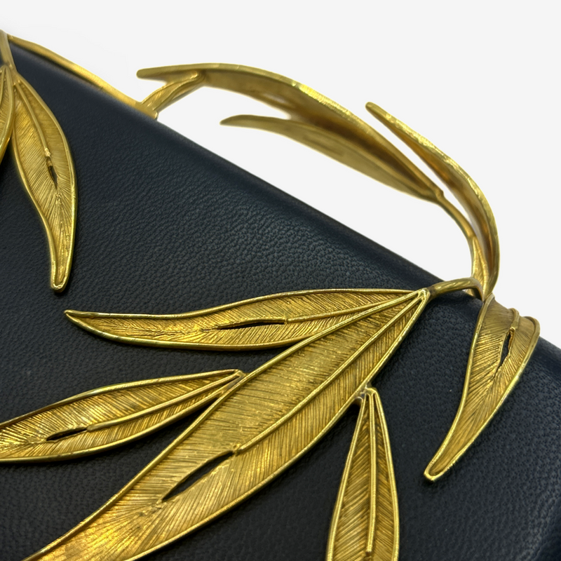Elie Saab Black Structured Clutch With Gold Leaf Motif
