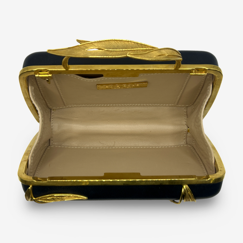 Elie Saab Black Structured Clutch With Gold Leaf Motif