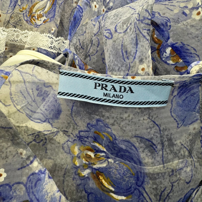 Prada Blue Floral Print Chiffon Silk Blend Mini Dress