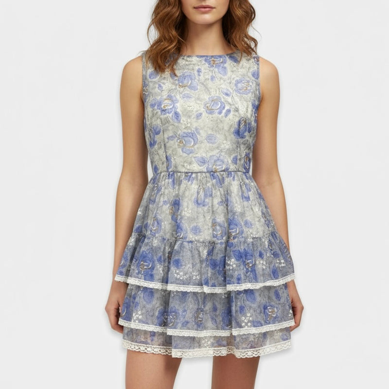 Prada Blue Floral Print Chiffon Silk Blend Mini Dress