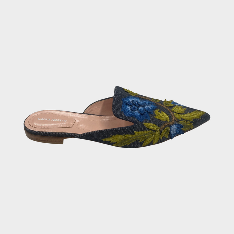 Alberta Ferretti women’s denim flower-embroidered mules