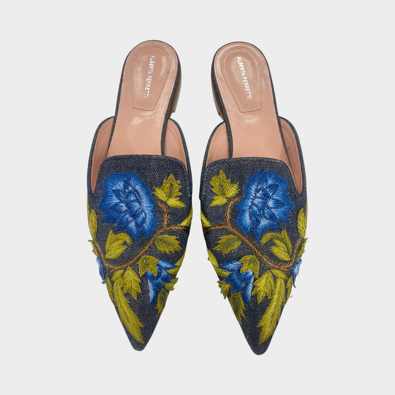 Alberta Ferretti women’s denim flower-embroidered mules