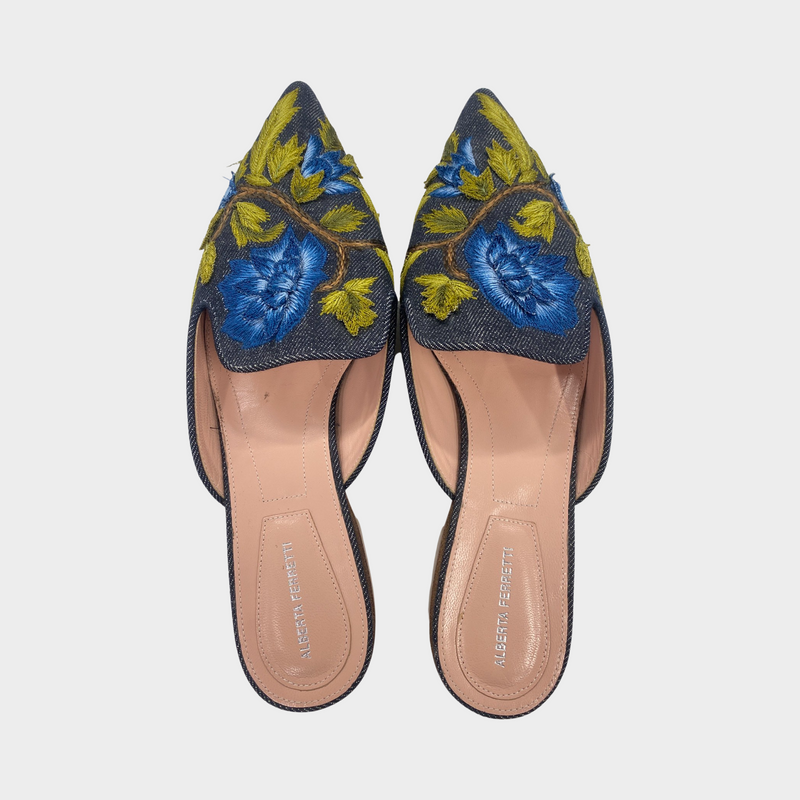 Alberta Ferretti women’s denim flower-embroidered mules