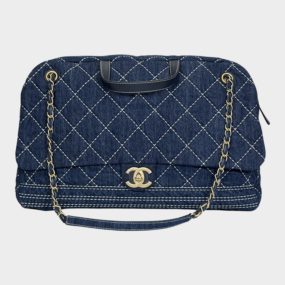 CHANEL blue quilted denim trip express large bowling bag with gold